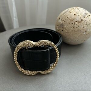 Sézane Artemis Black Croc Leather Belt with Textured Gold Buckle